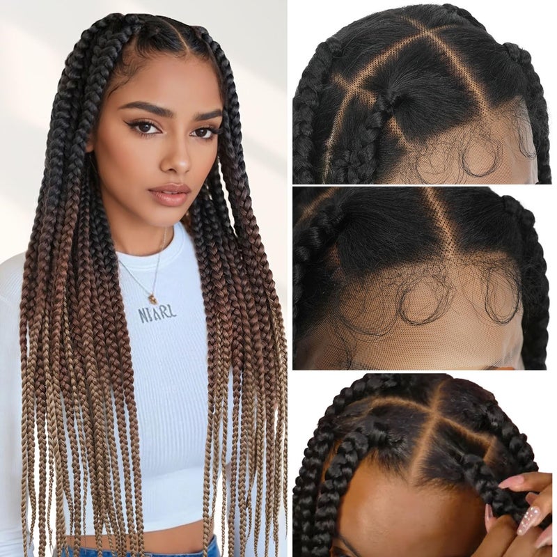 Lady Miranda Full Lace Jumbo Braided Wigs for Black Women Knotless Box Braid Wig with Baby Hair 32 Glueless Wigs Jumbo Box Braids Lace Front Synthetic Wig 1B3027